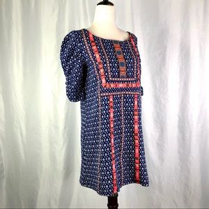 Navy Blue Patterned Mini Dress with Coral Trim